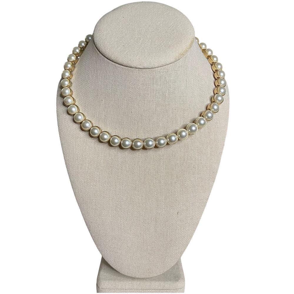 Faux Pearl Open Collar Choker Necklace Gold Tone Torque Statement Bezel Set 14"
